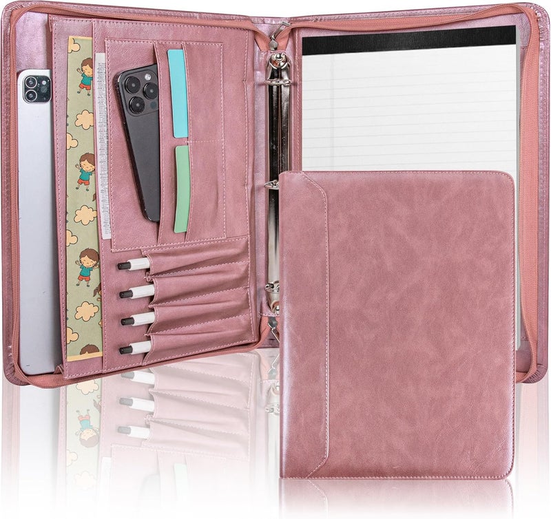 Wekinor Planner Binder,Padfolio for Women,Leather Binder 3 Ring, A4 Binder Planner with Laptop Pocket,Legal Size Portfolio Organizer,Business Portfolio for Women,Rose Gold - Image 1
